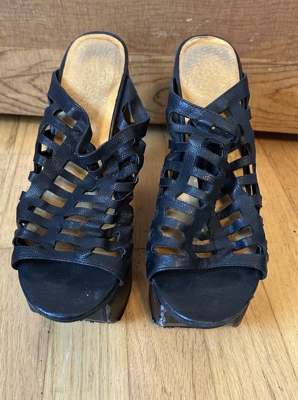 Jeffrey Campbell Black Leather Caged Wedge Platform Size 8M